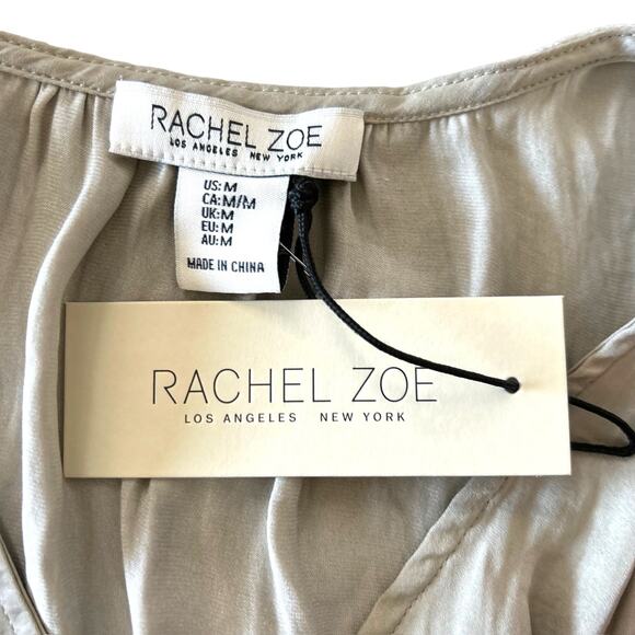 NWT Rachel Zoe Ruflfe Short Sleeve Satin Ruched Waist Blouse Sage Green - Medium - Picture 6 of 8